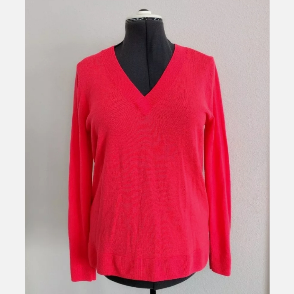 HALOGEN® Merino Wool Blend V-Neck Sweater Neon Orange Lightweight Knit